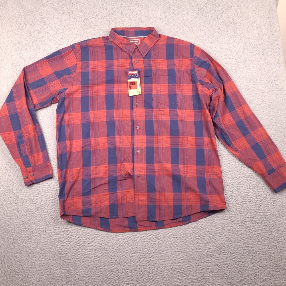 Wrangler Jeans Co Shirt Mens XL Orange Blue Plaid Long Sleeve Button Down